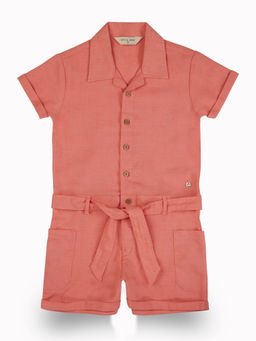 Gini & Jony - Girls Peach Solid Cotton Half Sleeve Jumpsuit with Belt (Set of 2)