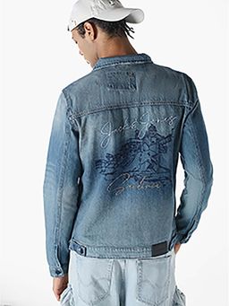 Jack & Jones - Men Blue Printed Denim Jacket