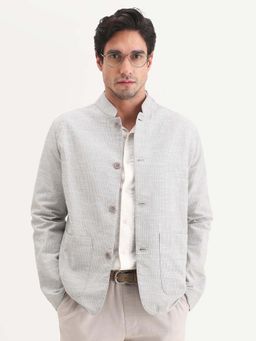 Rare Rabbit - Grey Linen Blend Striped Mandarin Collar Jacket
