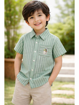 AWW HUNNIE - Cotton Half Sleeves stripes Shirt - Green