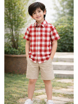 AWW HUNNIE - Cotton Half Sleeves Check Shirt - Red