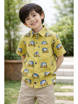 AWW HUNNIE - Cotton Half Sleeves Printed Shirt - Yellow
