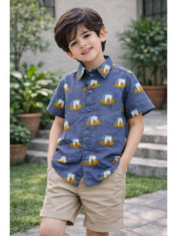 AWW HUNNIE - Cotton Half Sleeves Printed Shirt - Blue