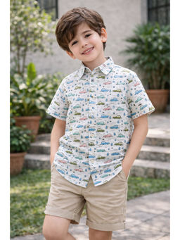 AWW HUNNIE - Half Sleeves Car Printed Shirt - White