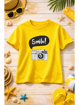 AWW HUNNIE - Cotton Half Sleeves Camera Print T-Shirt - Yellow