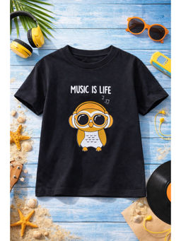 AWW HUNNIE - Cotton Half Sleeves Owl Print T-Shirt - Black