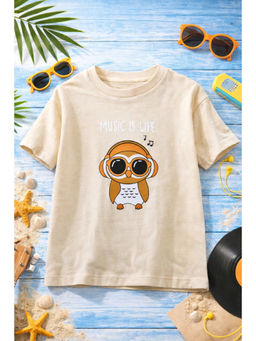 AWW HUNNIE - Cotton Half Sleeves Owl Print T-Shirt - Beige