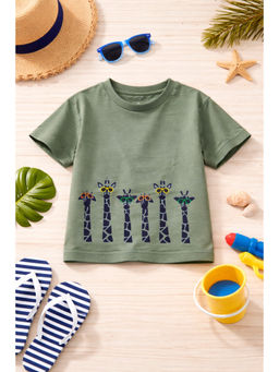 AWW HUNNIE - Cotton Half sleeves Giraffe Print T-Shirt - Green