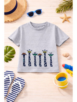 AWW HUNNIE - Cotton Half sleeves Giraffe Print T-Shirt - Grey