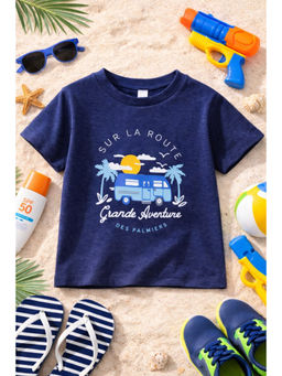AWW HUNNIE - Cotton Half sleeves Bus Print T-Shirt - Blue