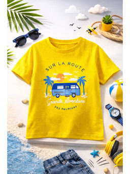 AWW HUNNIE - Cotton Half sleeves Bus Print T-Shirt - Yellow