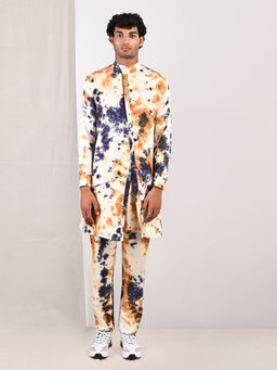 Bohame - Mason Blue And Mustard Asymmetric Kurta With Straight Pants (set Of 2)