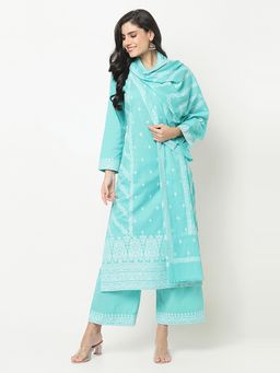 Safaa - Sea Green Chikankari Design Unstitched Dress Material With Dupatta (Set of 3)