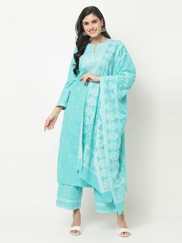 Safaa - Sea Green Chikankari Design Unstitched Dress Material With Dupatta (Set of 3)