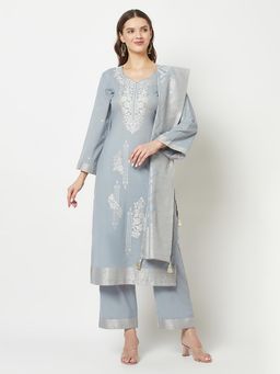 Safaa - Grey Chikankari Design Unstitched Dress Material With Dupatta (Set of 3)