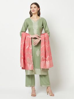 Safaa - Olive Peach Chikankari Design Unstitched Dress Material With Dupatta (Set of 3)