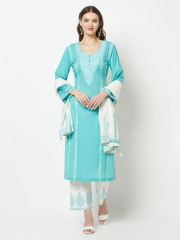 Safaa - Sea Green Chikankari Design Unstitched Dress Material With Dupatta (Set of 3)