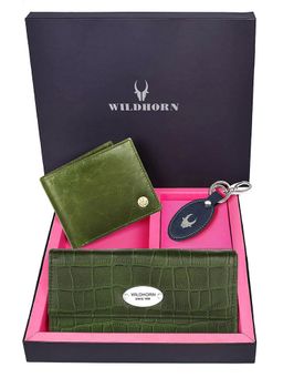 WILDHORN - Premium Leather Ladies Wallet, Mens Wallet and Keychain Gift -1K_GNCR_2052GNCR_K (Set of 3)