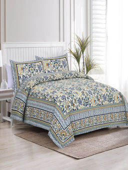 JAIPUR FABRIC - Satrangi Print Cotton Double Bed Sheet With 2 Pillow Covers Blue (Queen)