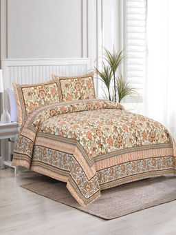 JAIPUR FABRIC - Satrangi Print Cotton Double Bed Sheet With 2 Pillow Covers Peach (Queen)