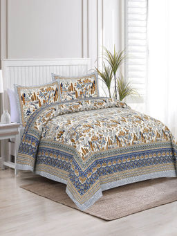 JAIPUR FABRIC - Satrangi Print Cotton Double Bed Sheet With 2 Pillow Covers Blue (Queen)