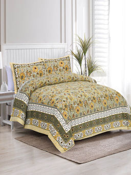 JAIPUR FABRIC - Satrangi Print Cotton Double Bed Sheet With 2 Pillow Covers Yellow (Queen)