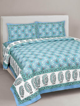 JAIPUR FABRIC - Lovely Lotus Blue Double Bedsheet With 2 Pillow Covers (Queen)