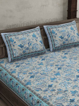 JAIPUR FABRIC - Home Decor Blue Floral Pure Cotton Double Bedsheet With 2 Pillow Covers (Queen)
