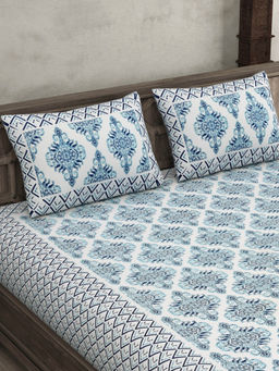 JAIPUR FABRIC - Cotton Light Blue Color Zigzag Border Double Bedsheet With 2 Pillow Covers (Queen)