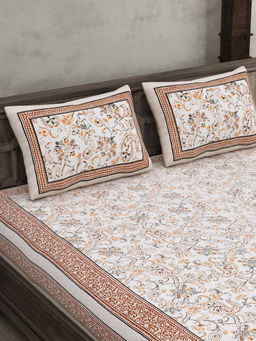 JAIPUR FABRIC - Cotton Paisley Floral Brown Border Double Bedsheet With 2 Pillow Covers (Queen)