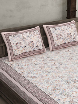 JAIPUR FABRIC - Cotton Paisley Floral Peach Border Double Bedsheet With 2 Pillow Covers (Queen)