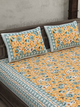 JAIPUR FABRIC - Miniflora Orange Queen Size Bedsheet With 2 Pillow Covers (Queen)