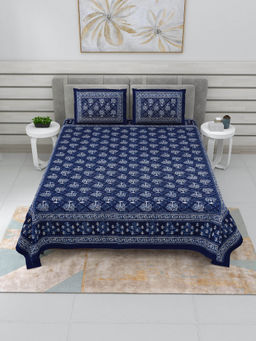 JAIPUR FABRIC - Blue Topiary Dabu Print Double Bedsheet With 2 Pillow Covers (Queen)