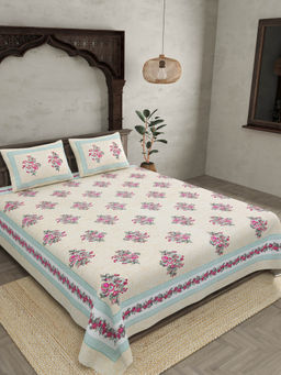 JAIPUR FABRIC - Bouquet Beveled Pink Cotton Double Bed Sheet With 2 Pillow Covers (Queen)