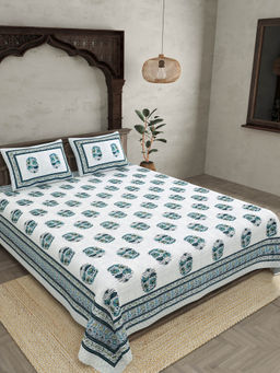 JAIPUR FABRIC - Fancy Inclination Green Cotton Double Bedsheet With 2 Pillow Covers (Queen)