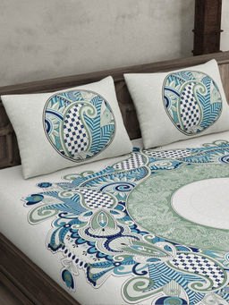 JAIPUR FABRIC - Cosmic Kolam Blue Double Bedsheet With 2 Pillow Covers (Queen)