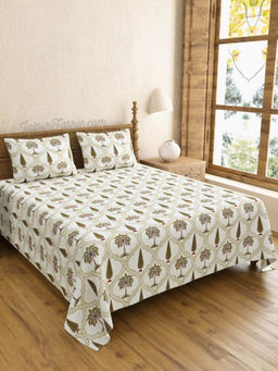 JAIPUR FABRIC - Pinklay Mocha Brown Delight Floral King Hand Block Print Bedsheet With 2 Pillow Covers