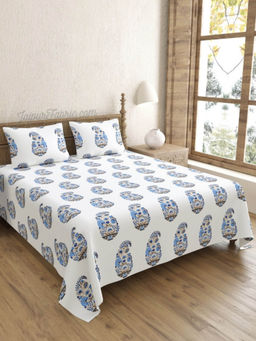 JAIPUR FABRIC - Floral Blue Pinar Block Hand Block Printed King Bedsheet With 2 Pillow Covers
