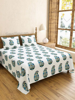 JAIPUR FABRIC - Padma Hand Block Floral Green Kairi Design King Bedsheet With 2 Pillow Covers