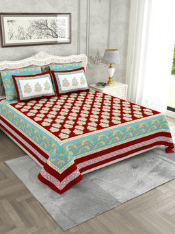JAIPUR FABRIC - Ethnic Glow Red Cotton King Bed Sheet With 2 Pillow Cover