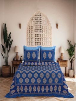 JAIPUR FABRIC - King Size Bedsheet For Bed, 240 Tc 100% Cotton Bedsheet With 2 Pillow Covers Blue