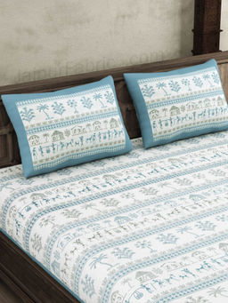 JAIPUR FABRIC - Urban Tribals Blue Super King Premium Cotton Bedsheet With 2 Pillow Covers