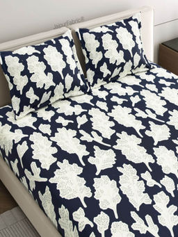 JAIPUR FABRIC - Navy Leaf Luxe Stylish Bedrooms Super Double Bedsheet With 2 Pillow Covers (Queen)