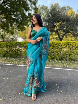 Odette - Blue Organza Printed Saree with Unstitched Blouse