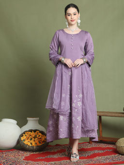 Stylee LIFESTYLE - Purple Muslin Embroidered Gown (Set of 2)