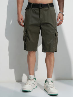 HIGHLANDER - Men Olive Solid Regular Fit Cargo Shorts