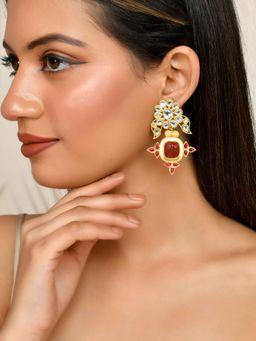 Silvermerc Designs - Gold Plated White Kundan and Red Stone Drop Earrings for Women