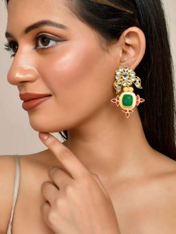 Silvermerc Designs - Gold Plated Green Stone and Kundan Drop Earrings for Women