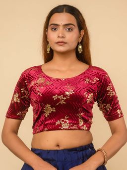 BINDIGASM'S ADVI - Velvet Keri Back Samosa Lace Stretchable Readymade Maroon Stitched Blouse