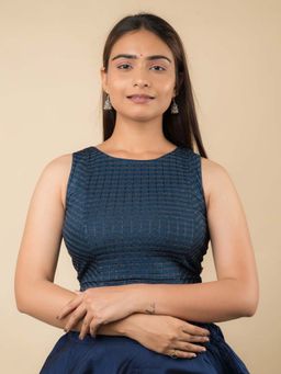 BINDIGASM'S ADVI - Dhara Self Design Stripes Sleeveless Stretchable Navy Blue Stitched Blouse